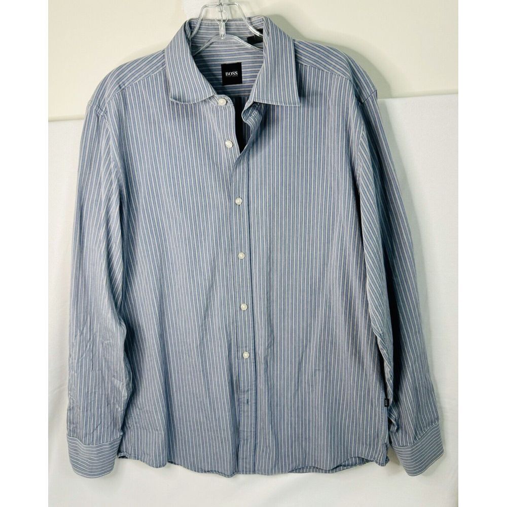 Hugo Boss Mens L Blue Grey Stripe Long Sleeve Button Down Shirt - Picture 2 of 5